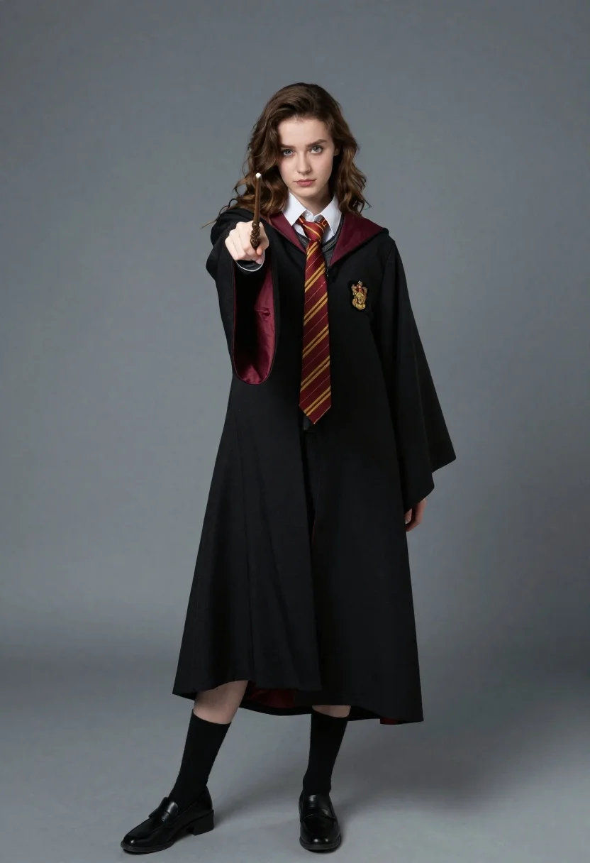 Studio Photography Young Woman Full Hogwarts-style Magical Attire Standing Against reference photo