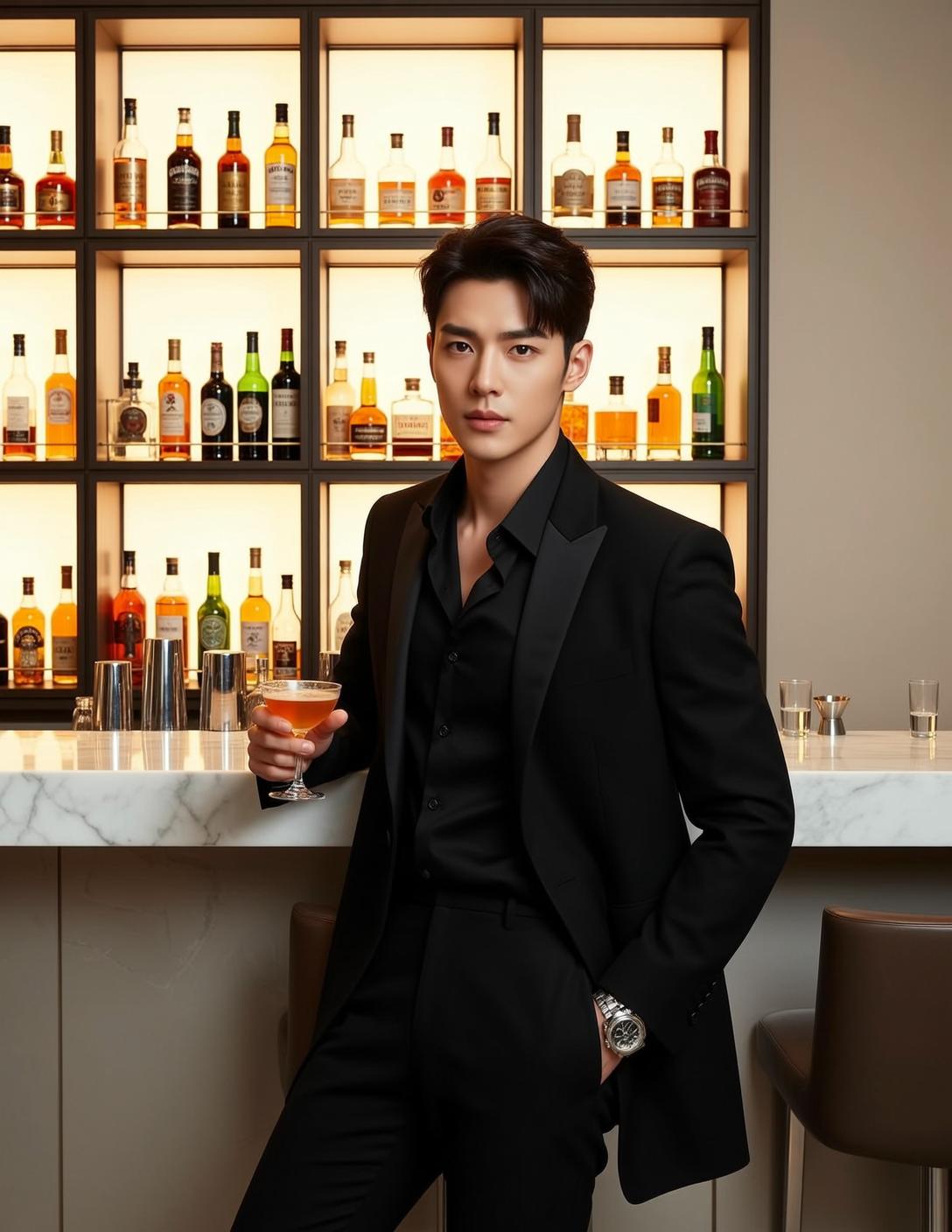 World Stands Leaning Against Polished Marble Bar