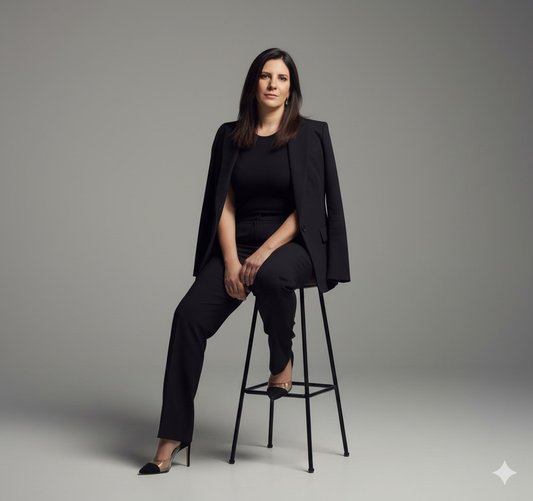 A confident woman in an elegant black outfit seated on a high wooden bench, with a neutral gray background enhancing the sophisticated atmosphere.