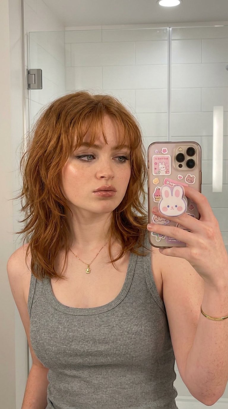 Bathroom Mirror Selfie Shaggy Hair Grey Tank Top