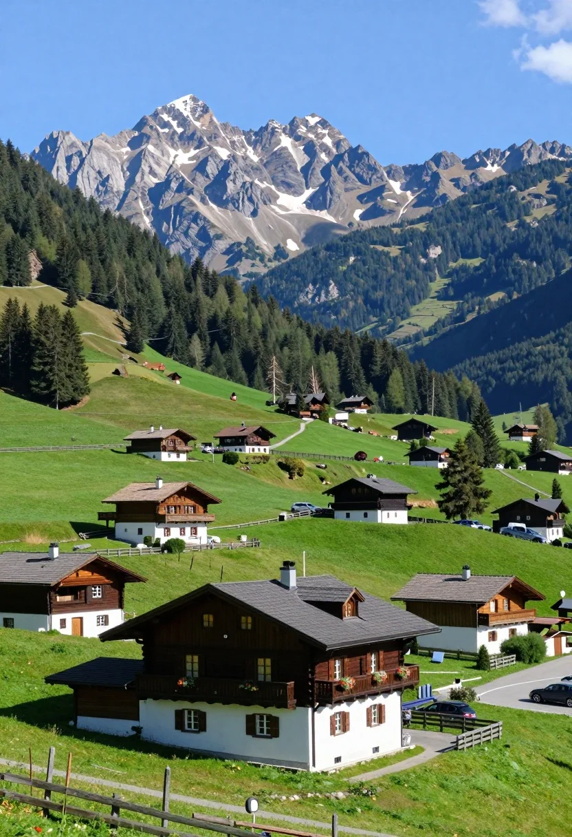 Picturesque Alpine Village Nestled Lush Green Valley With Majestic Mountains