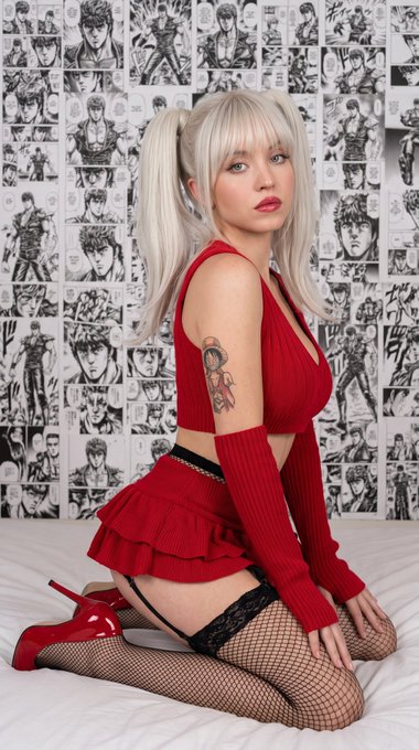 A woman in a red ribbed knit crop top and mini skirt kneels on a white bed before a manga wall.