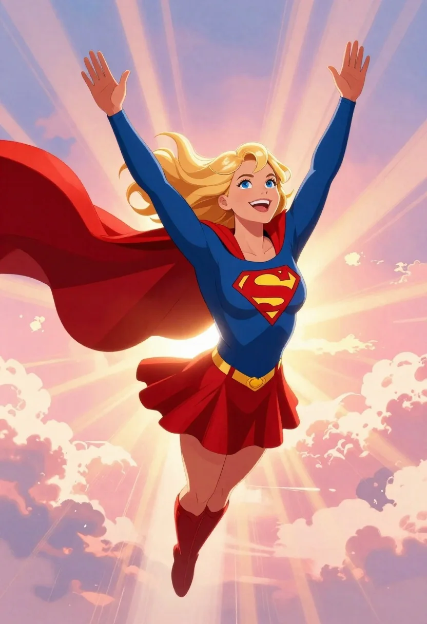 Vibrant Comic Book Illustration Supergirl Soaring Through The Sky With reference photo