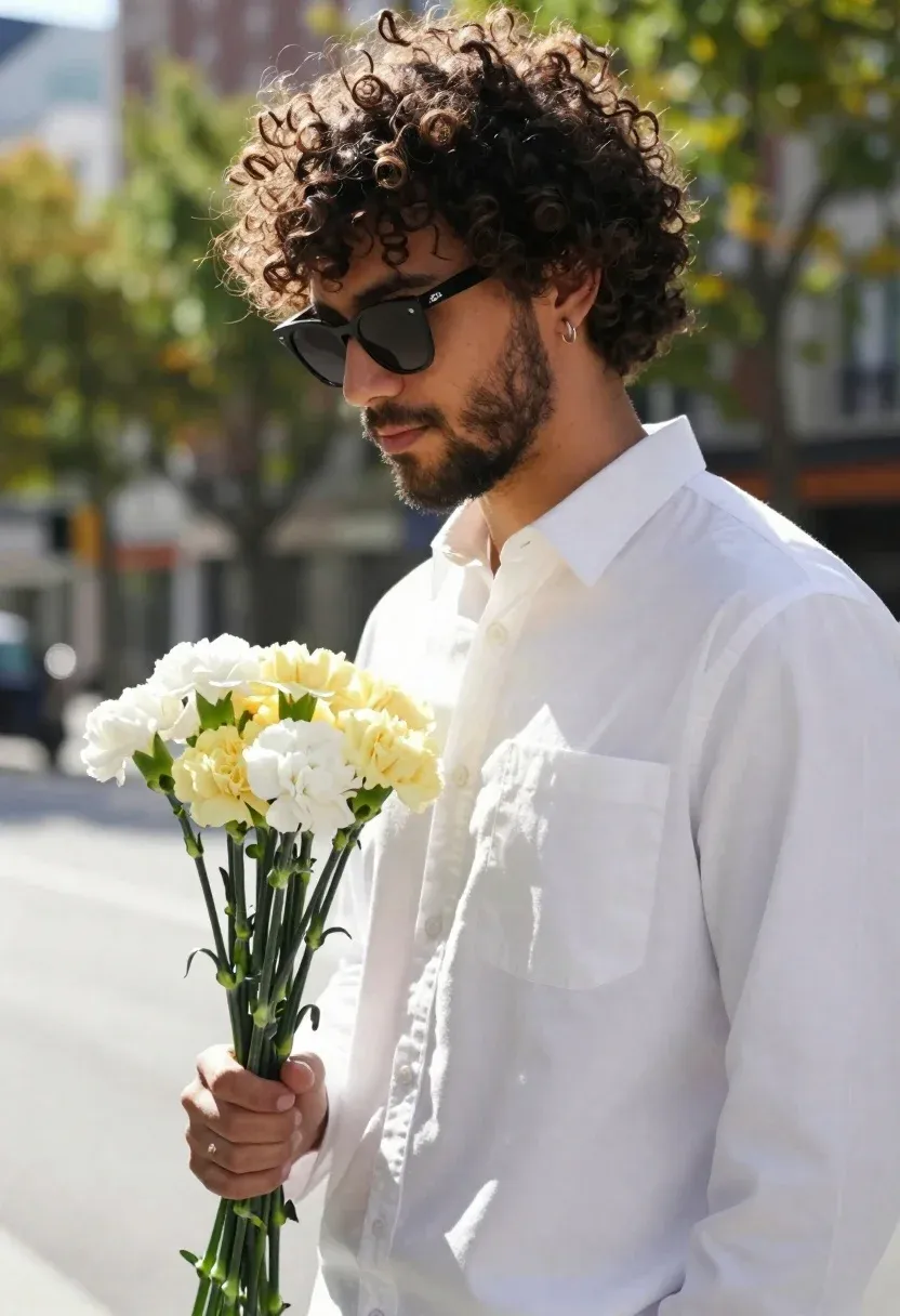Man With Curly Dark Hair And Beard Stands Profile Holding