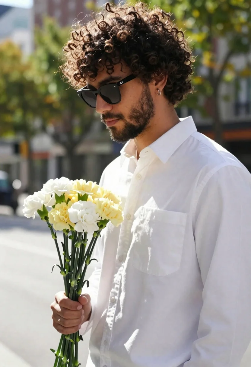 Profile view of a man with curly dark hair and beard holding a bouquet of white and yellow carnations in bright sunlight.