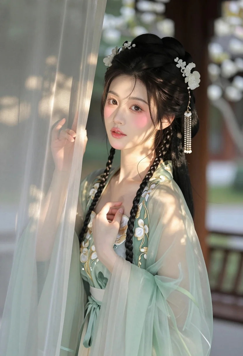 Young Woman With Dark Hair Styled Elaborate Updo Adorned With