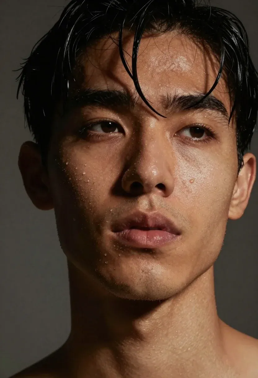 Close-up Studio Portrait Young Man With Dark Skin And Wet