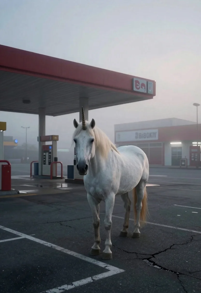Cinematic Wide Shot White Unicorn Standing The Parking Lot Gas reference photo