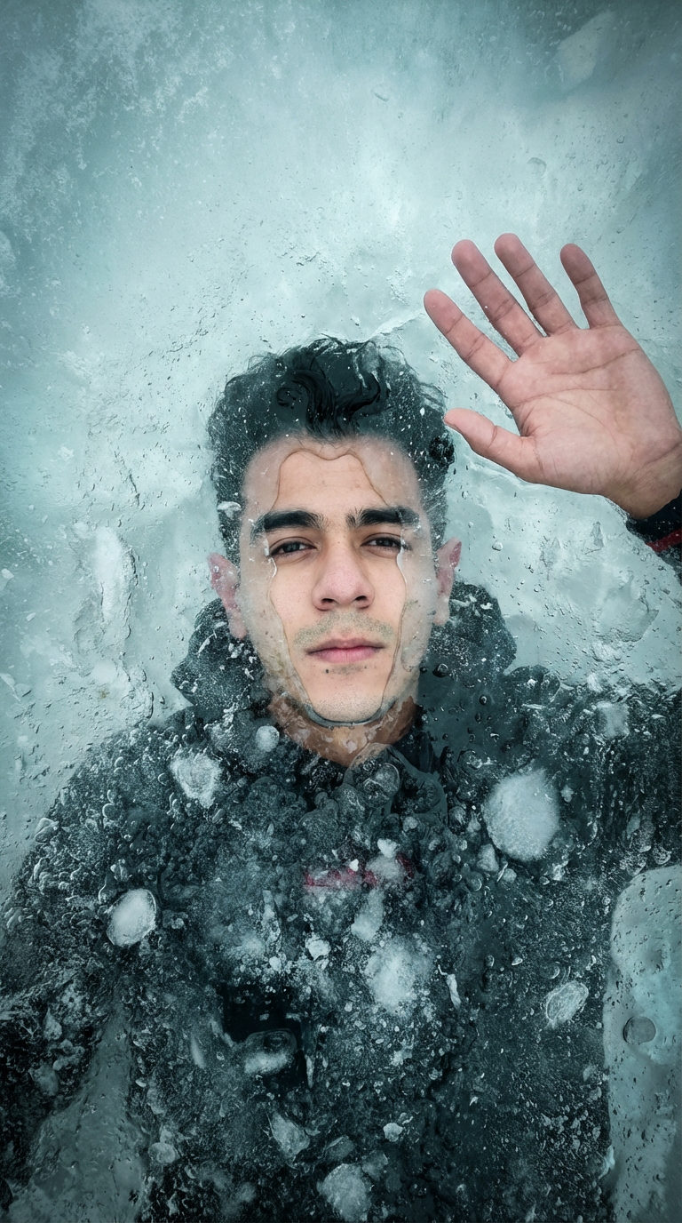 A calm man submerged beneath ice, looking upward with his right hand pressed against the ice surface, capturing the haunting ambiance.