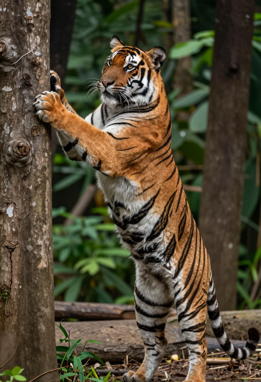 Majestic Tiger Stands Upright Its Hind Legs Gripping Rough Tree