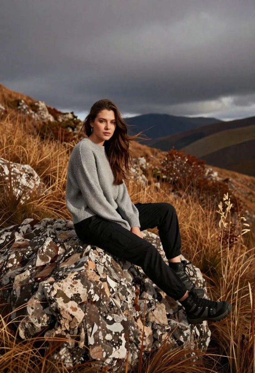 Young Woman With Long Brown Hair Sits Casually Large Rock