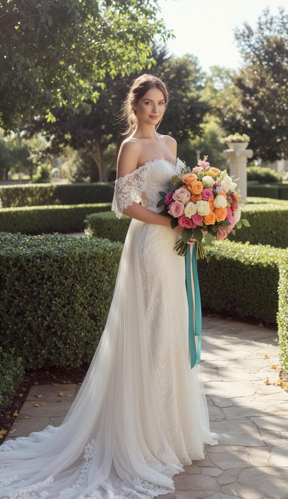 Lace Wedding Dress Bouquet Pose