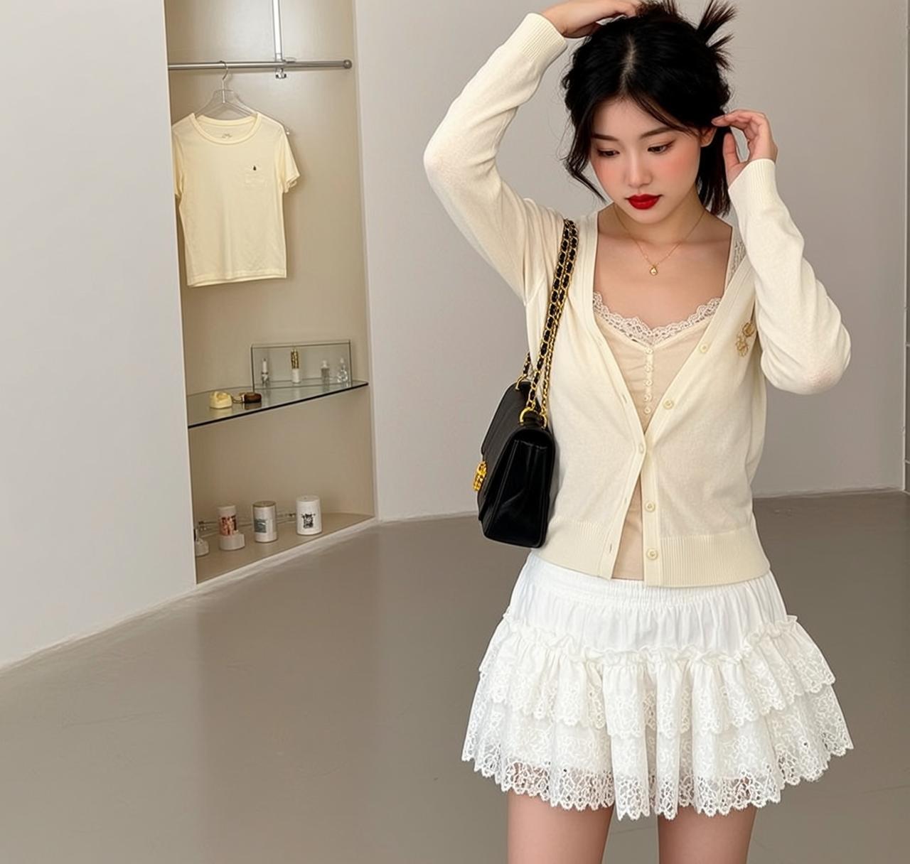 Cream Cardigan Lace Skirt Studio