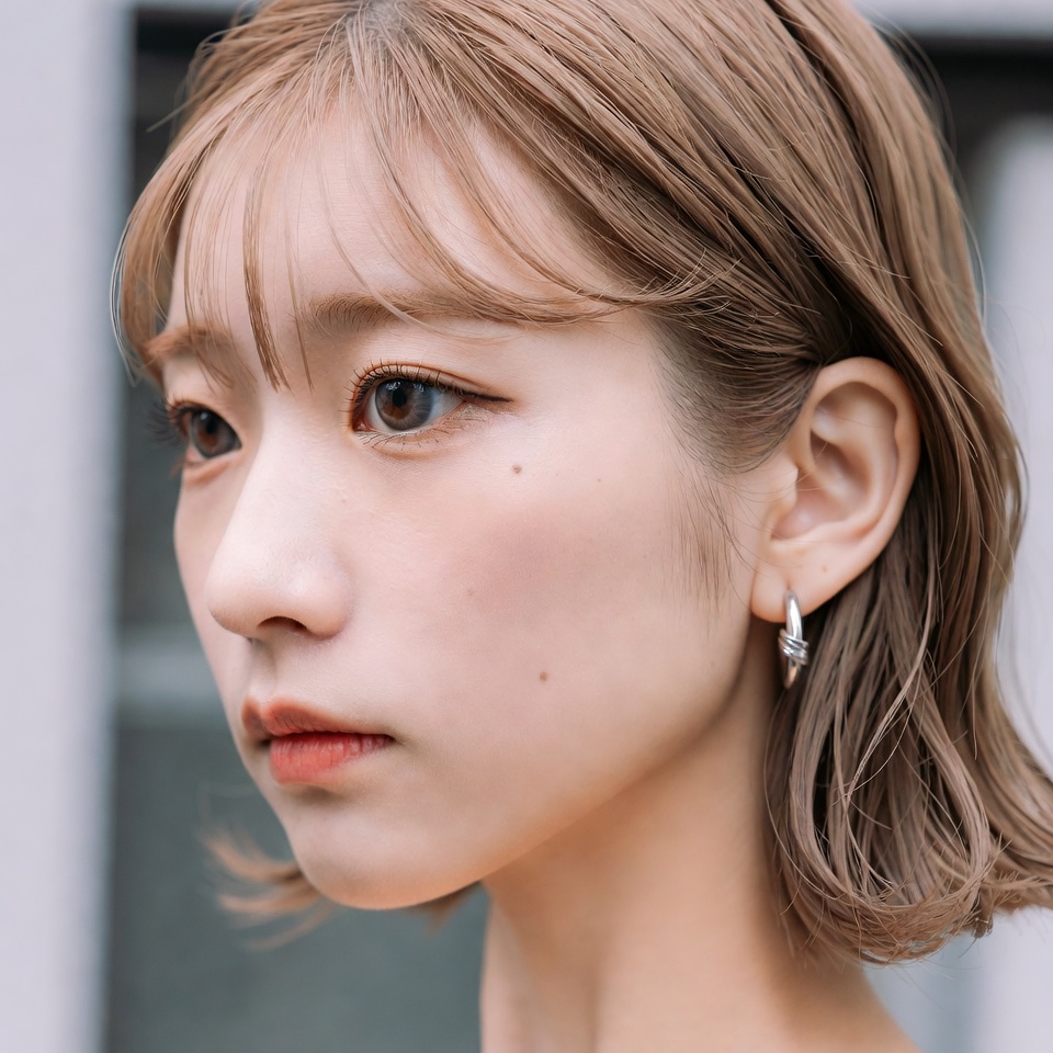Close-up portrait of a woman with a shoulder-length layered bob haircut and silver leaf-shaped earring, soft daylight highlights on skin.