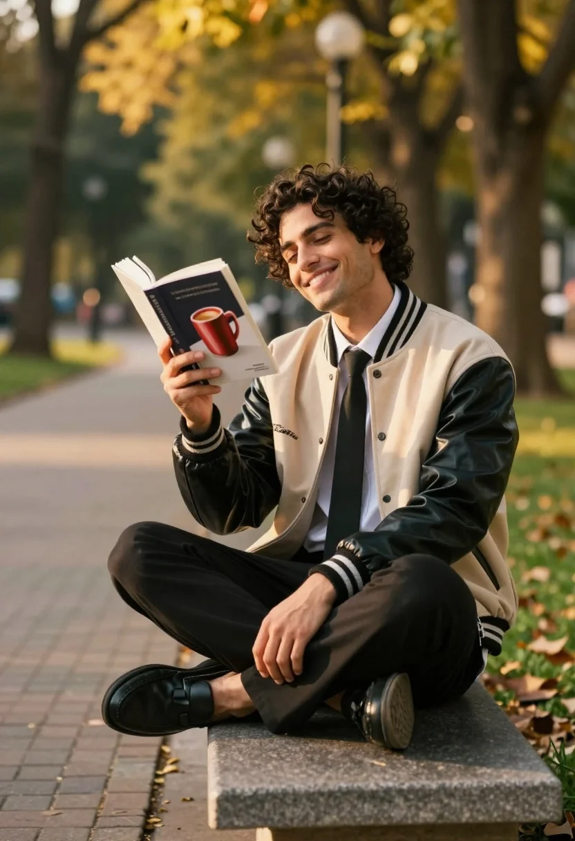 Man Sits Cross-legged Stone Bench Park Holding Open Book And