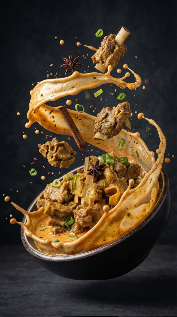 An ultra-realistic bowl of spicy meat soup exploding in a dynamic splash, with floating meat pieces and creamy broth ribbons.