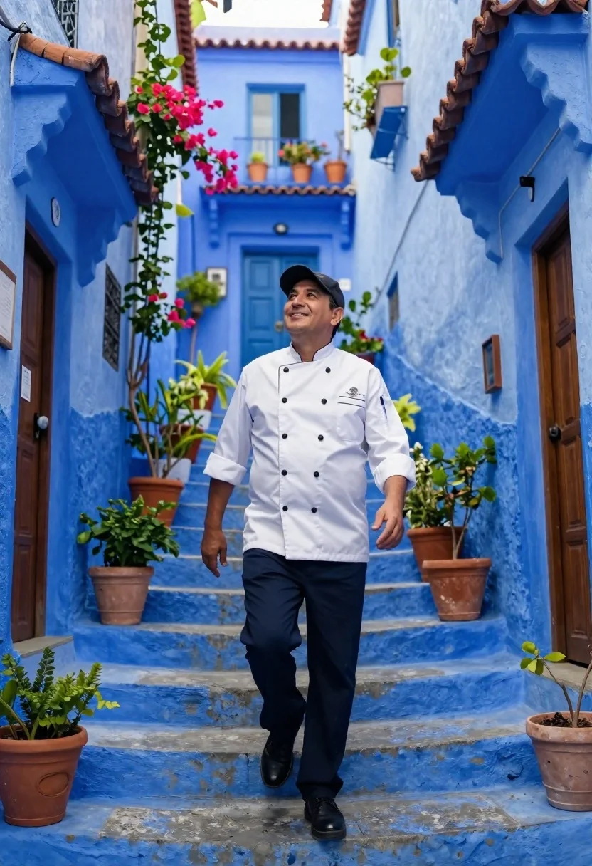 Medium Shot Man Chef Uniform Walking Vibrant Blue Stone Stairs reference photo