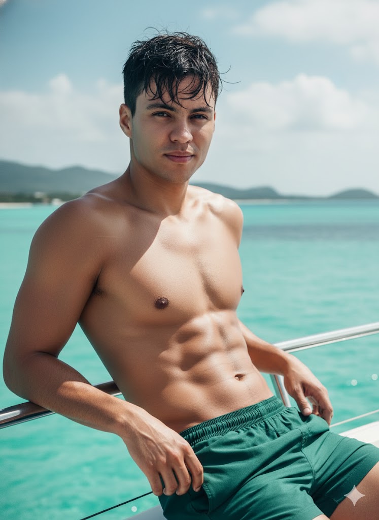 A relaxed model on a yacht, topless in dark green shorts, with sunlight reflecting on the turquoise water and hills in the background.