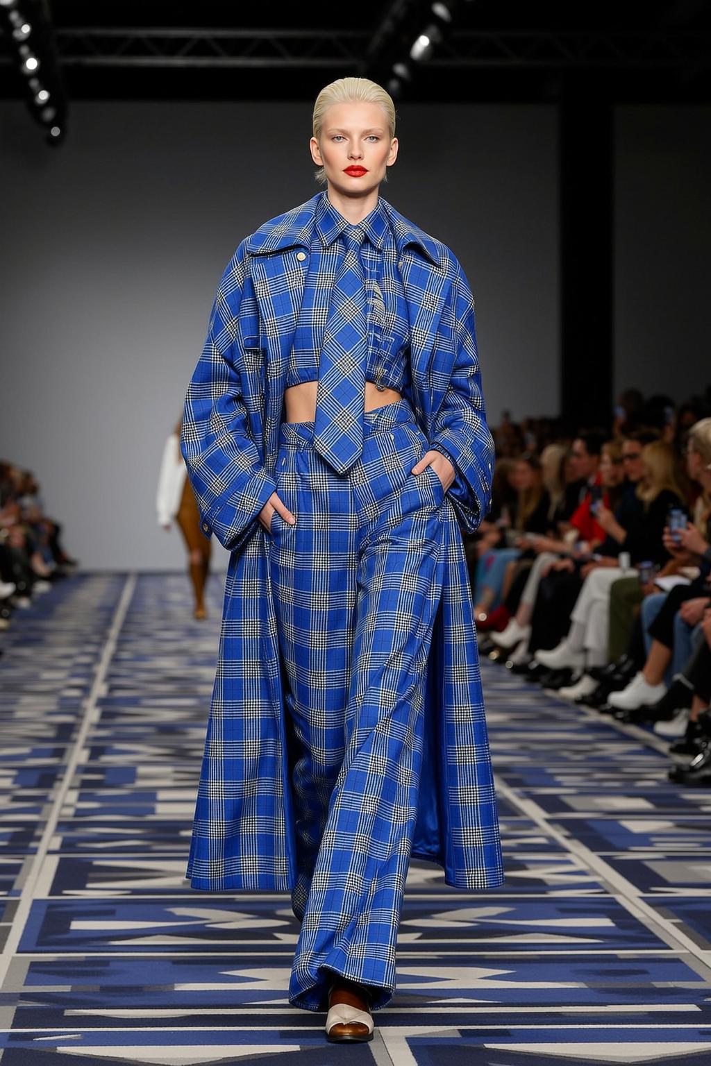 Blue Plaid Runway Model Walking Forward