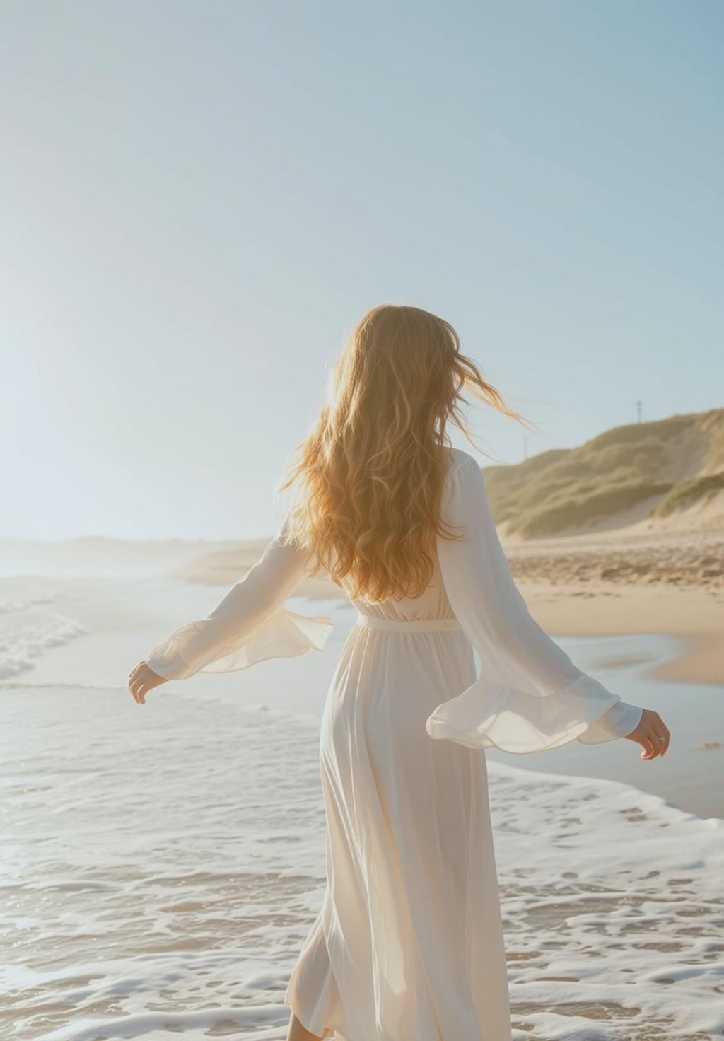 Vacation Long Wavy Blonde Fair Long-sleeved White