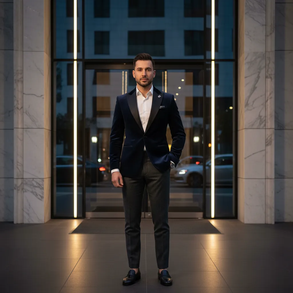 Stylish fashion man standing front of luxury apartments entrance