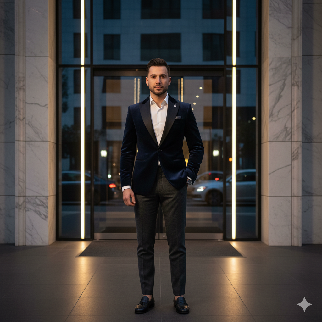 A stylishly dressed man confidently poses in front of a grand entrance of modern luxury apartments, showcasing sleek glass and marble architecture.