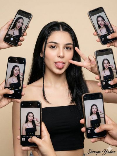 A young woman in a black strapless tube top playfully sticking her tongue out, surrounded by hands holding smartphones capturing her moments.