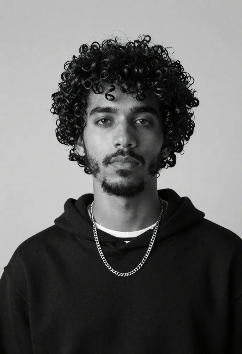 Black And White Studio Portrait Young Man With Curly Hair