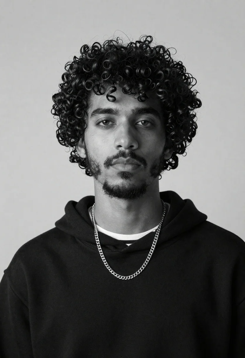 Black And White Studio Portrait Young Man With Curly Hair