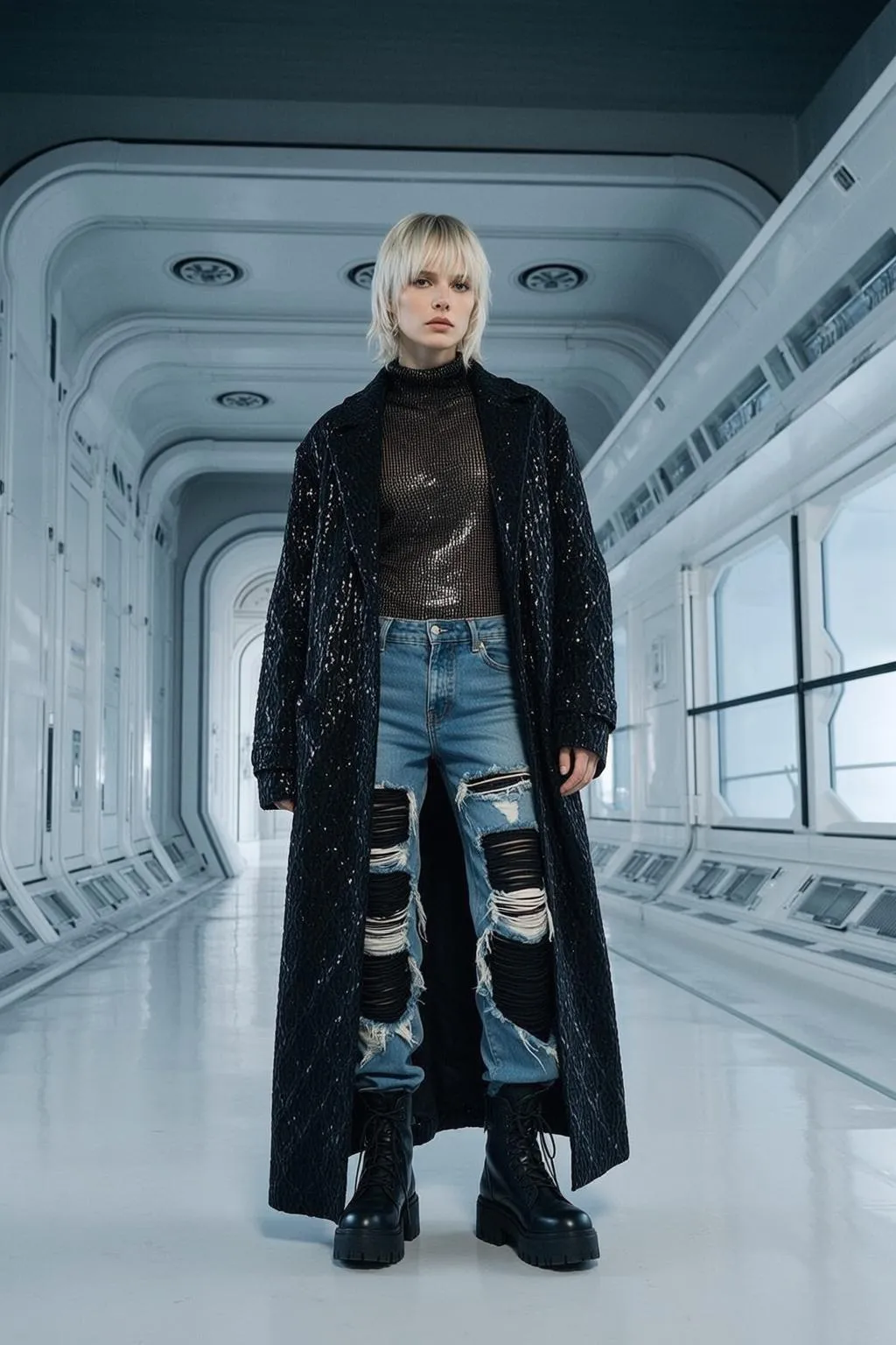 Black Sequin Coat Gold Top Ripped Jeans Combat Boots