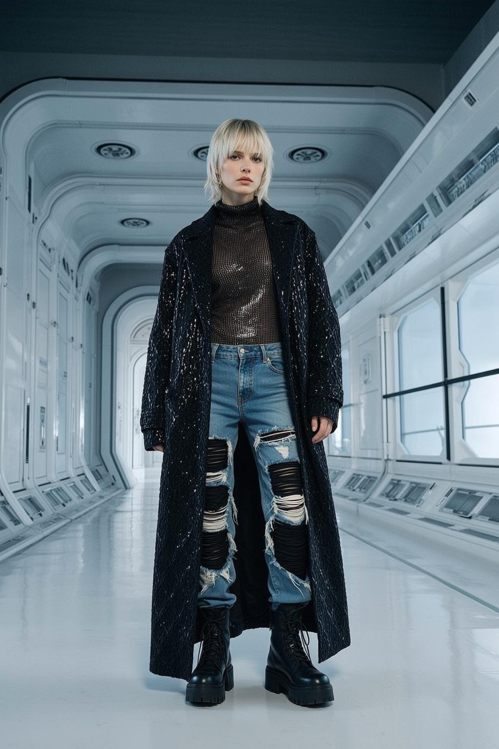 Black Sequin Coat Gold Top Ripped Jeans Combat Boots