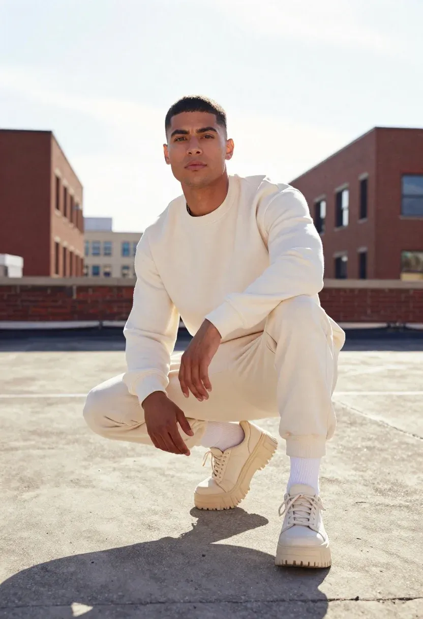 Low-angle Outdoor Portrait Young Man Crouching Urban Rooftop Under Bright