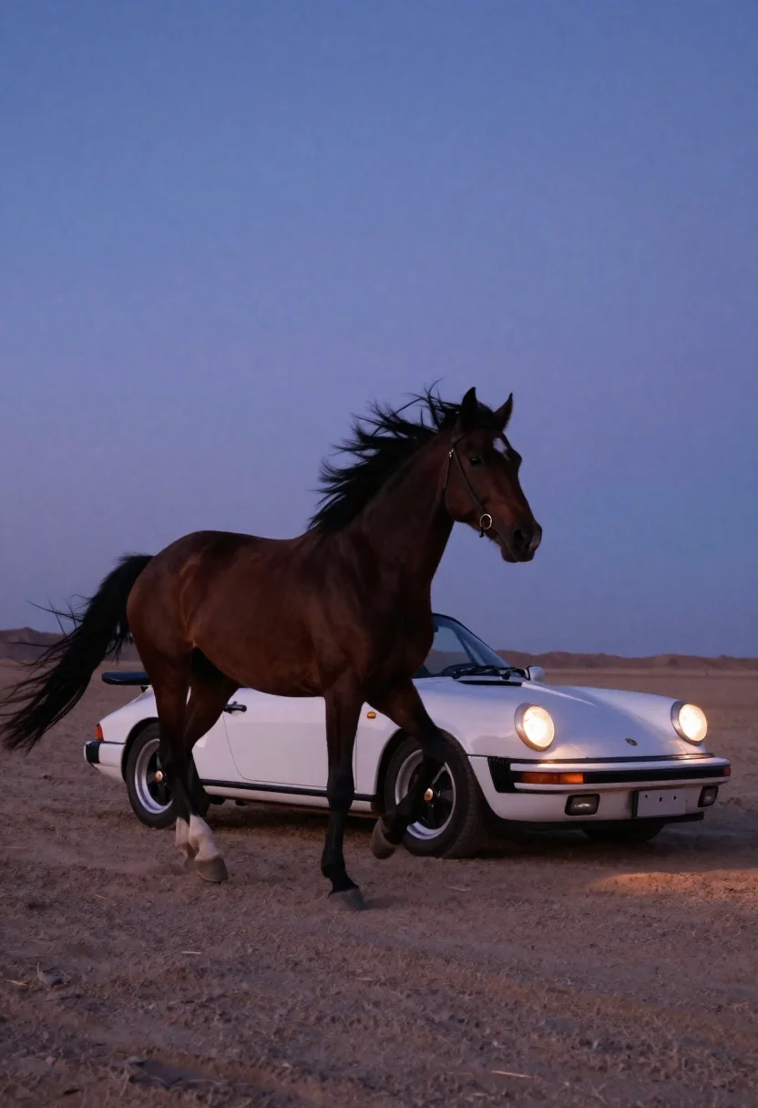 Photorealistic Twilight Scene White Porsche Convertible Parked Beside Galloping Dark reference photo