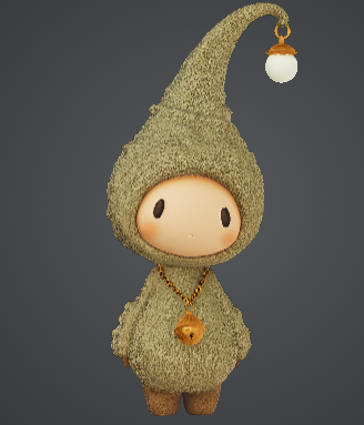 A whimsical fuzzy creature with a glowing light bulb hood, soft olive-green body, and gold accessories against a neutral dark gray background.