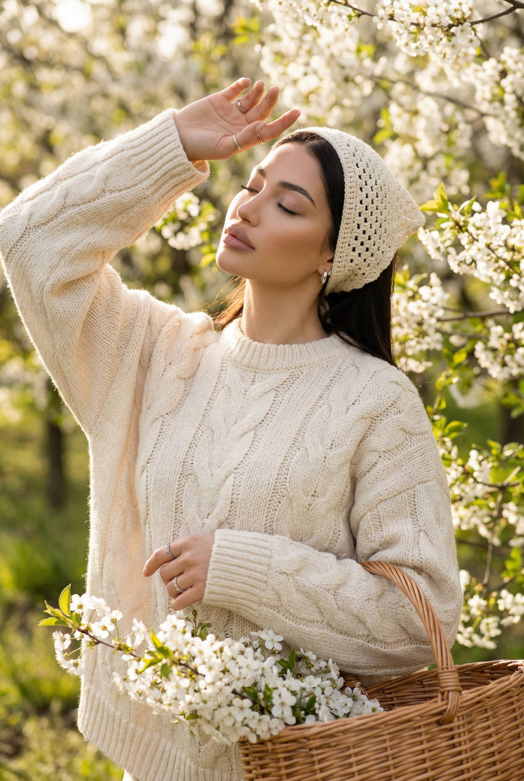 A serene woman in a cream cable-knit sweater, tilting her head back with eyes closed in a sunlit spring orchard, surrounded by blooming white flowers.