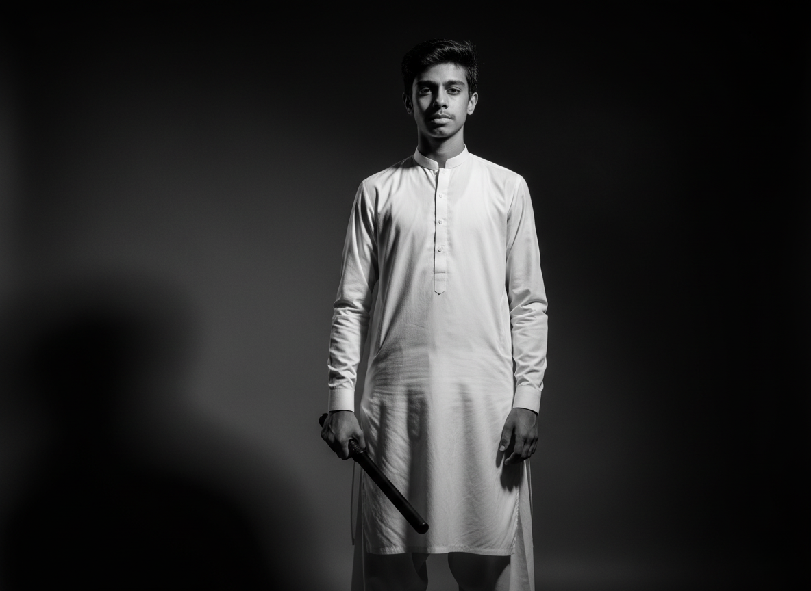 A realistic black and white portrait of a young boy in a white salwar kameez, holding a baton and looking serious.