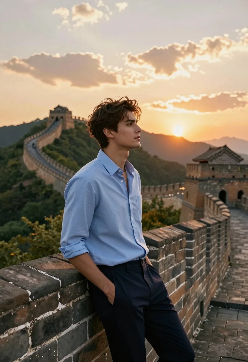 Handsome Young Man With Dark Tousled Hair Stands Leaning Against