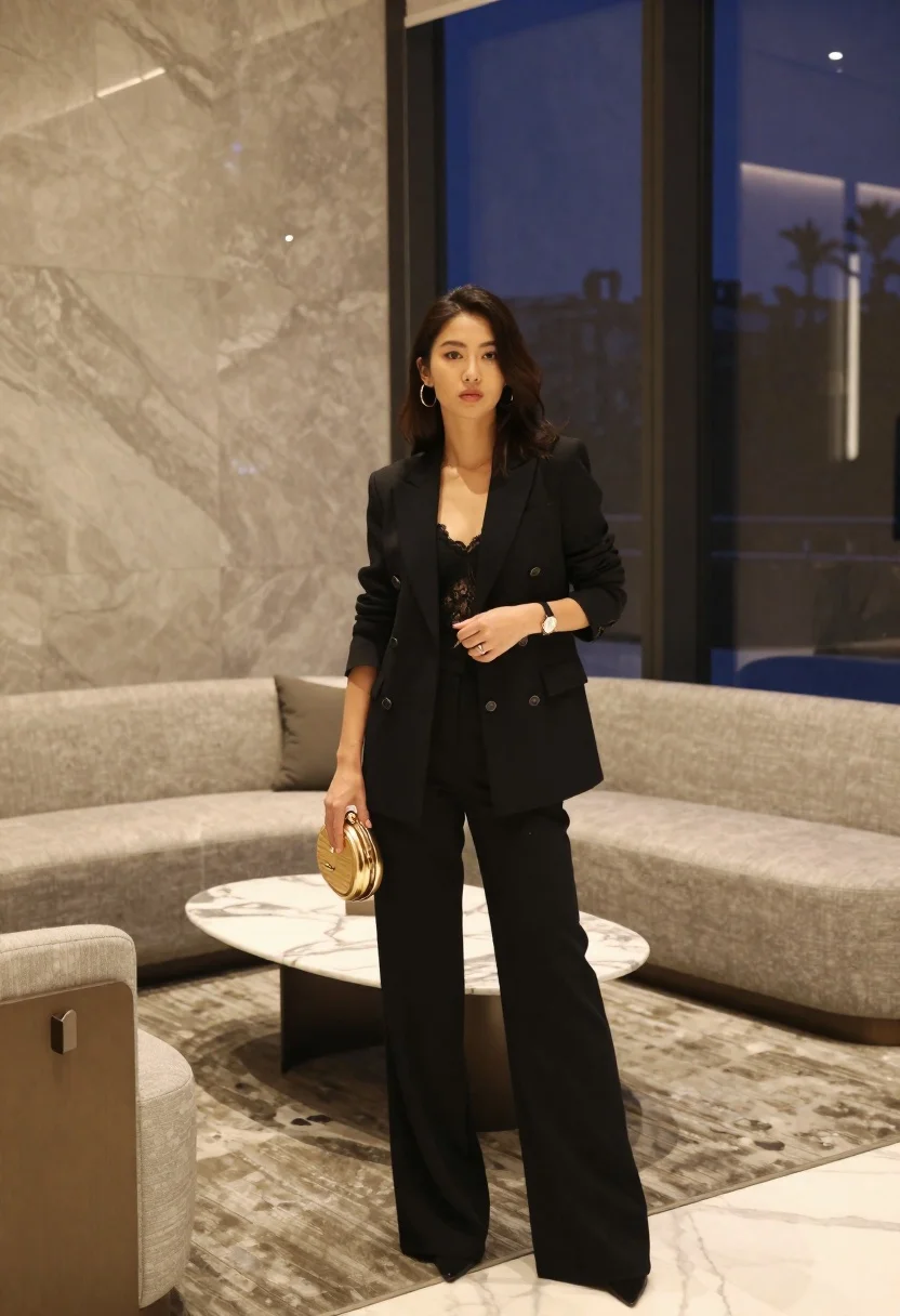 Woman Stands Modern Interior Space Wearing Black Blazer And Matching reference photo