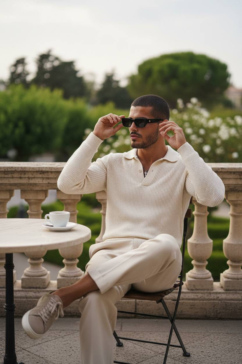 A seated figure at an outdoor café table, gazing sideways through sunglasses with a composed expression, wearing a light sweater and cream trousers.