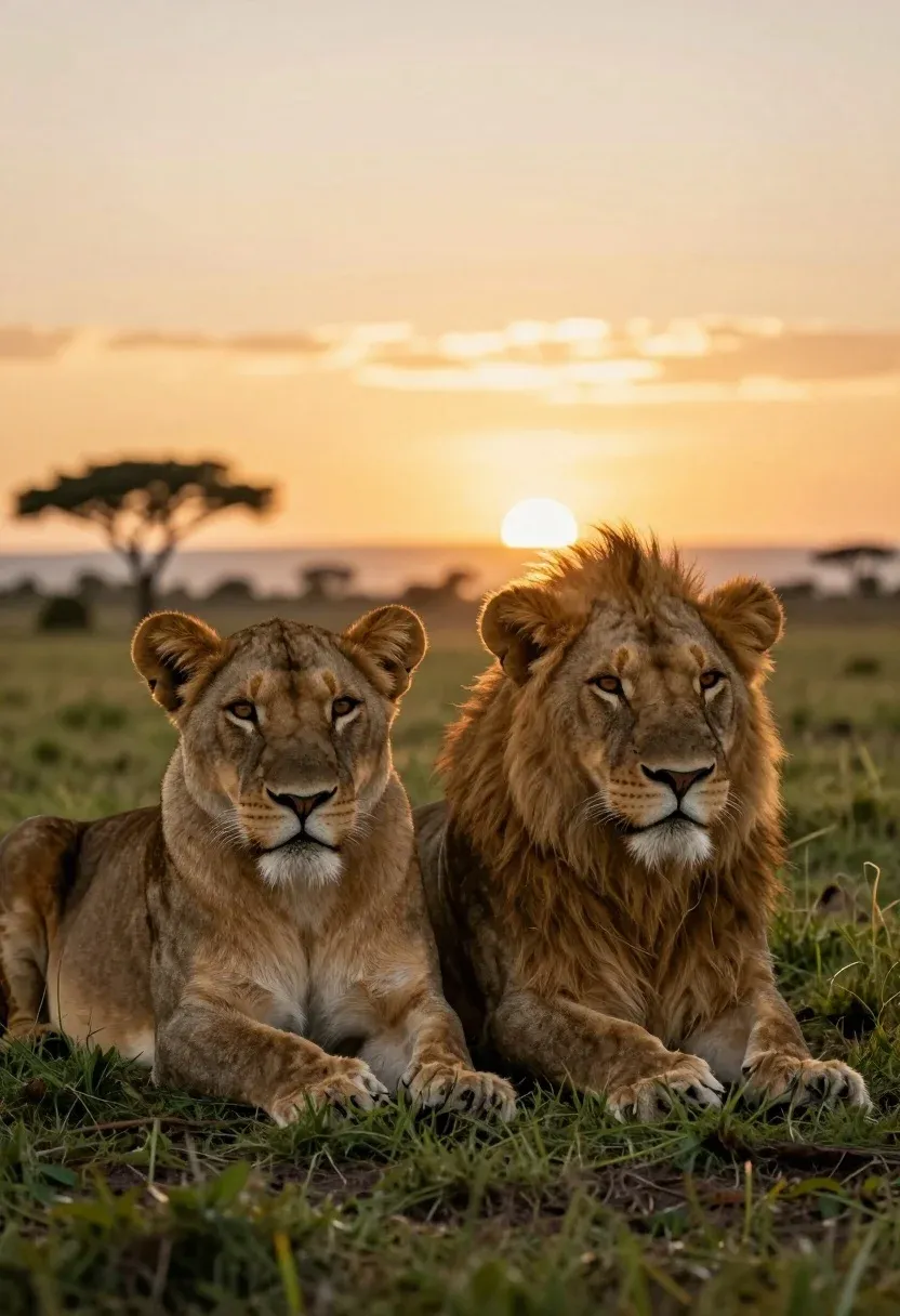 Two Majestic Lionesses Resting Side Side Grassy Savanna Under Warm