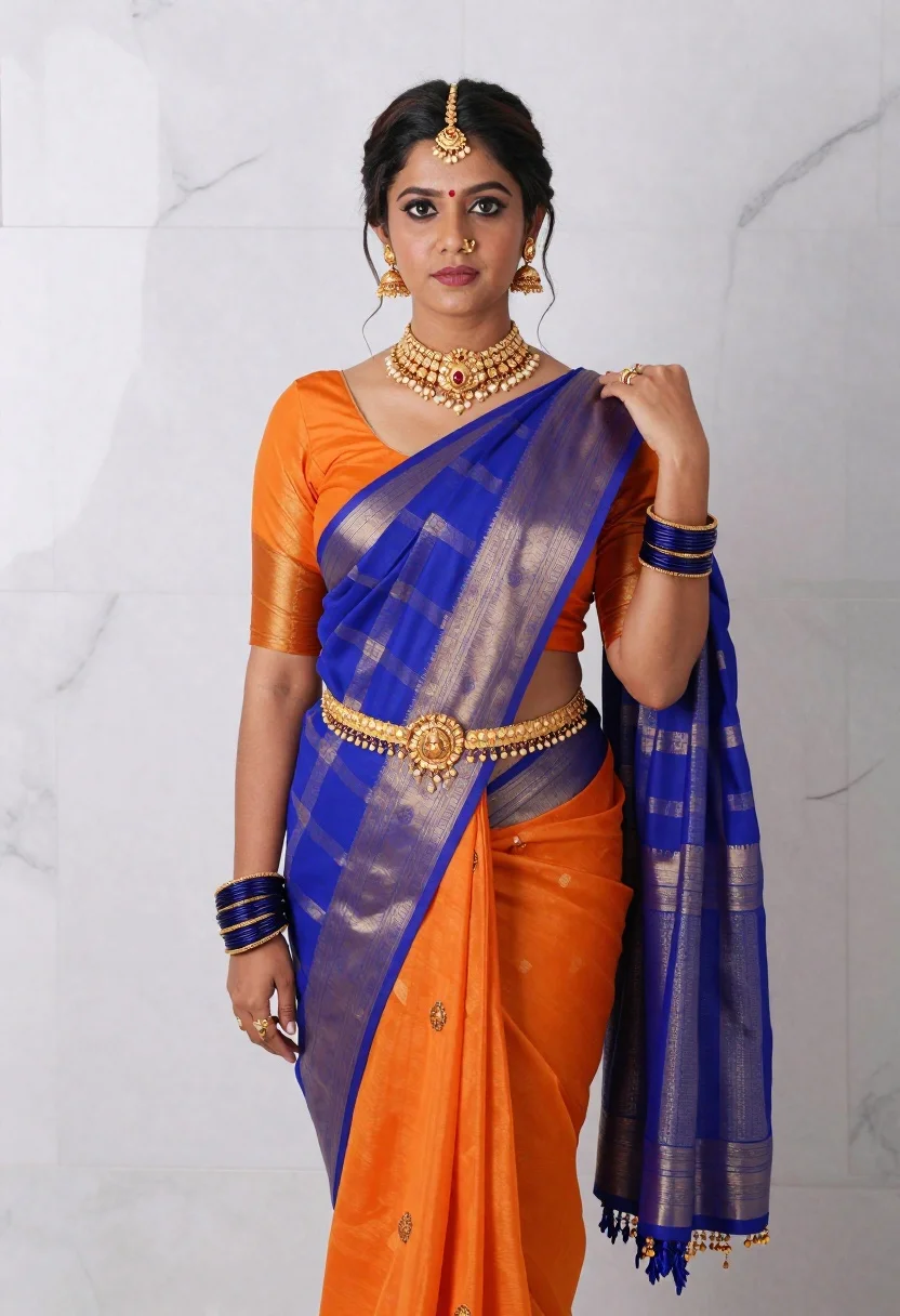 Woman Stands Poised Pose Wearing Vibrant Traditional Indian Saree With reference photo