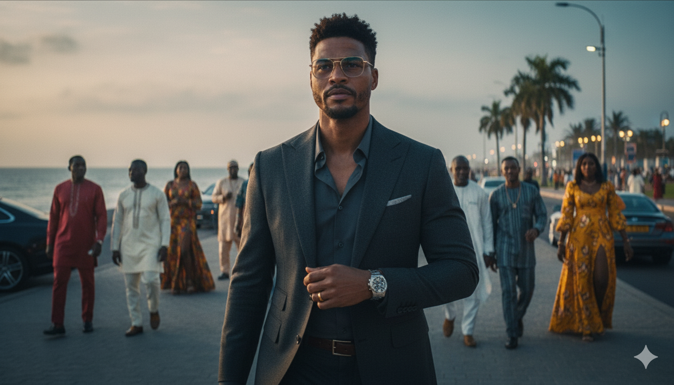 A charismatic man in a dark grey suit walking at dusk along a luxurious Lagos beachfront promenade, reflecting calm confidence and elegance.