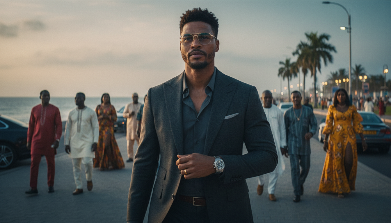 A charismatic man in a dark grey suit walking at dusk along a luxurious Lagos beachfront promenade, reflecting calm confidence and elegance.