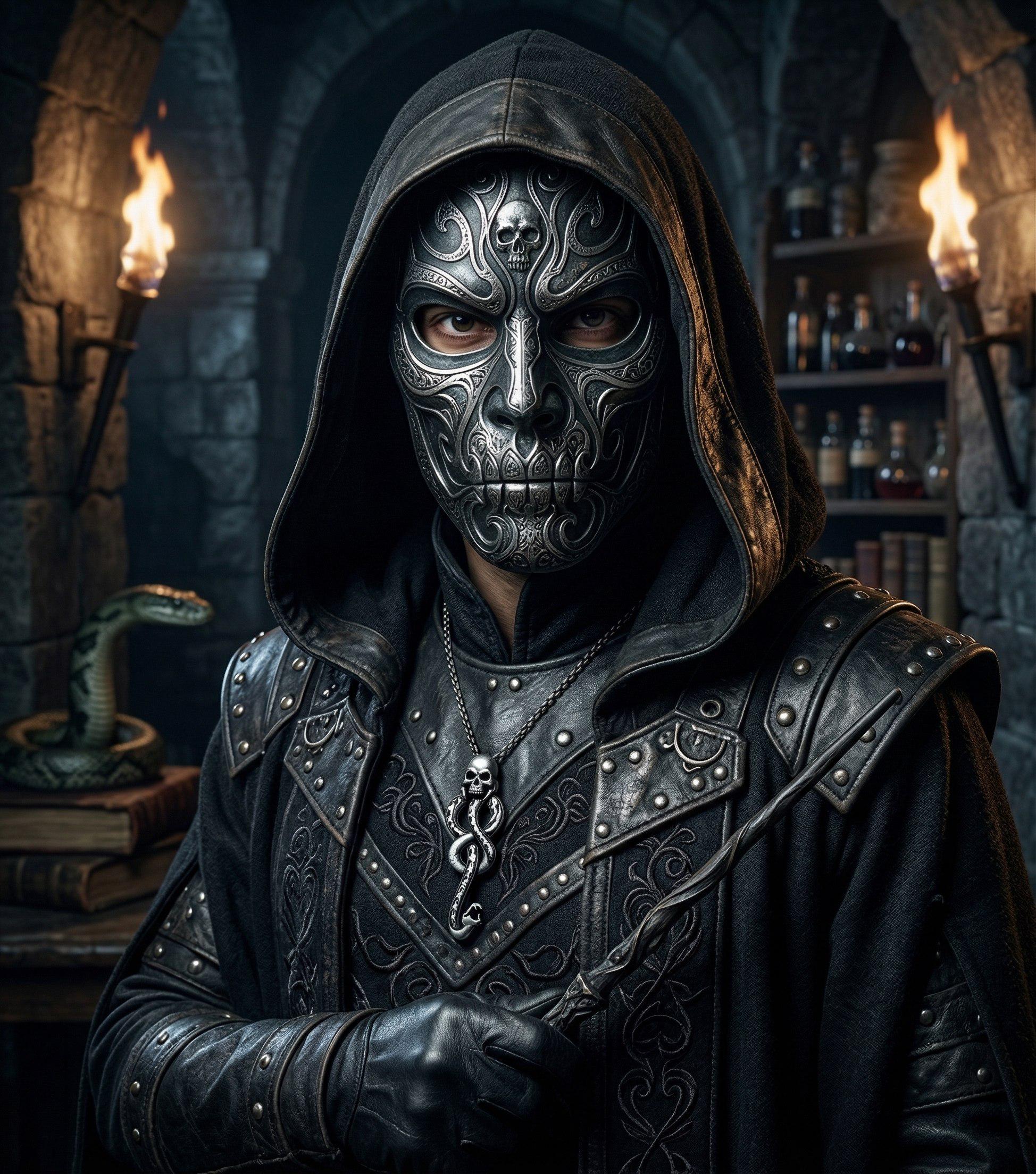 Dark Hooded Cloak Skull Mask Ancient Dungeon Torchlight