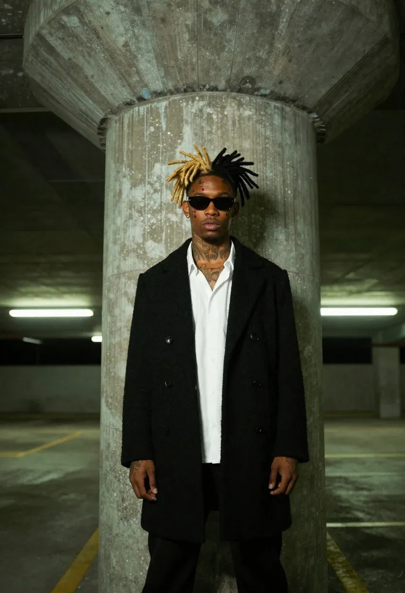 Young Black Male Stands Centered Against Massive Concrete Pillar Dimly