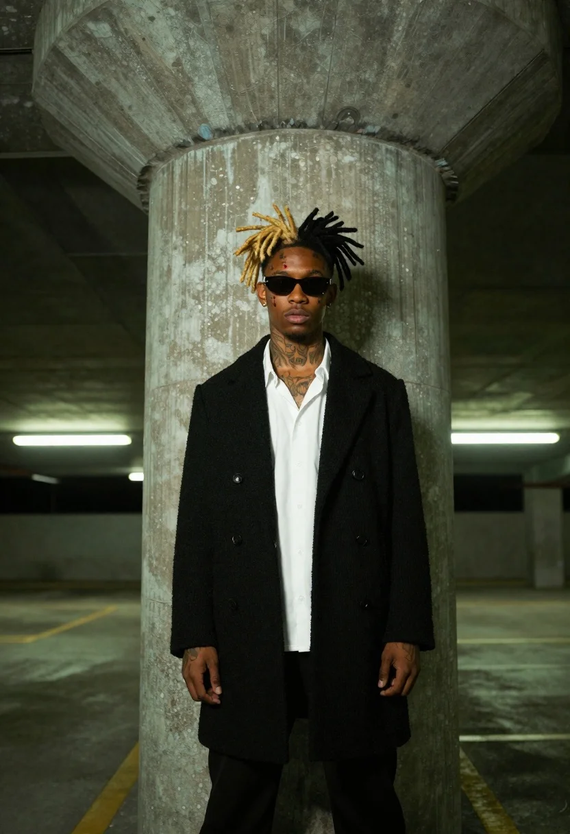 A young Black male stands confidently against a massive concrete pillar, surrounded by dramatic shadows and greenish fluorescent light.