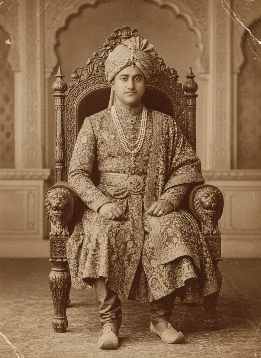 A regal Rajput king seated on an ornate throne wearing traditional attire, set in a vintage palace with soft sepia tones.
