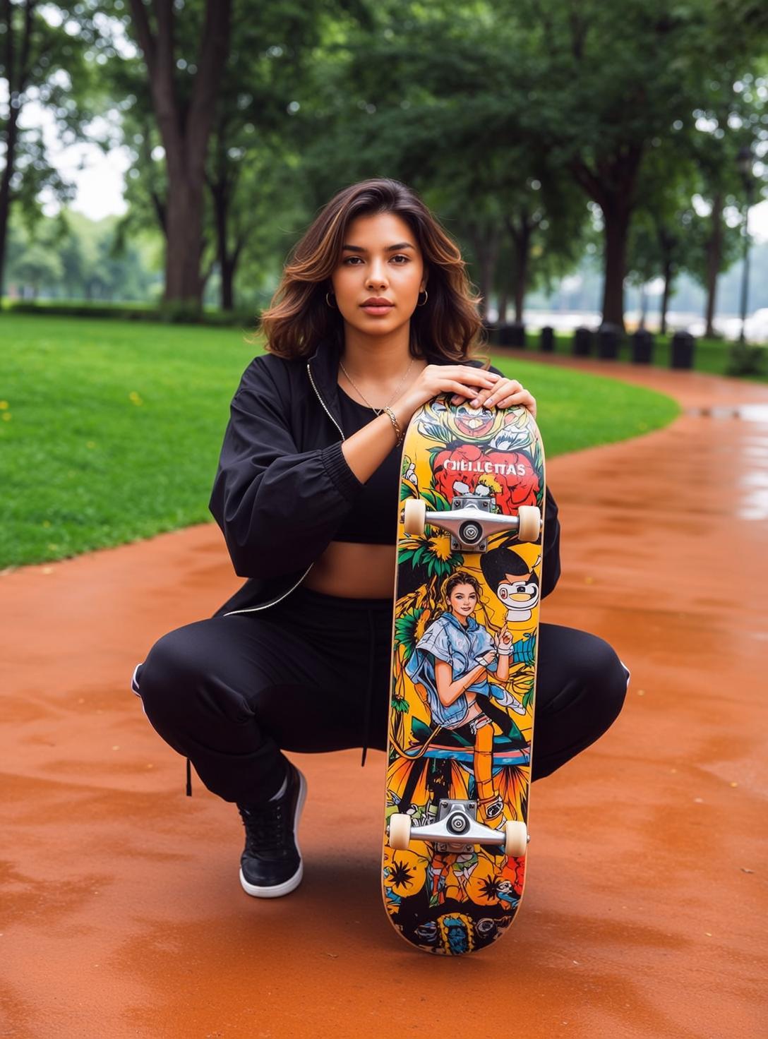 Crouching With Skateboard Park Path