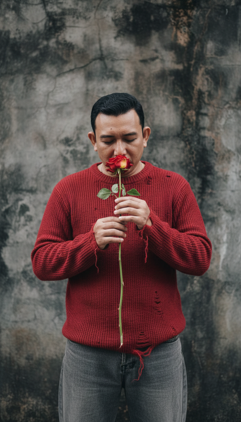 A stylish young man in a long red sweater kissing a withering rose, set against old gray concrete walls