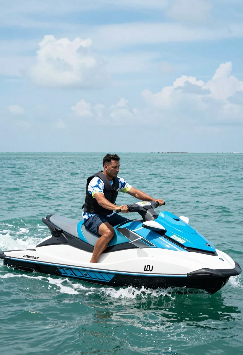 Man Riding Blue And White Jet Ski Across Turquoise Ocean